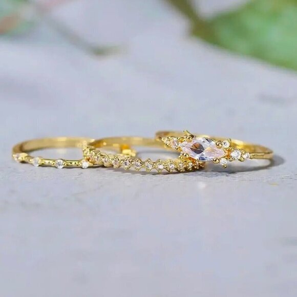 NWT Dainty Ring Set of 3PCs 14K Gold Plated Cubic Zirconia Sz.7 Fairy - Picture 5 of 11